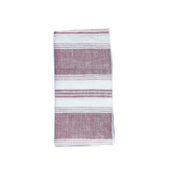 Bordeaux red and white striped linen napkin with tonal piping on a white background.