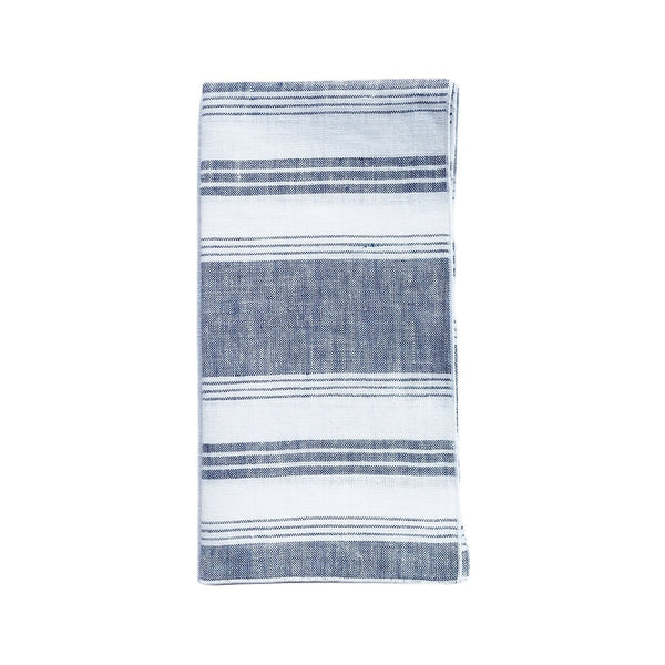 Folded Riva blue and white striped linen napkin styled on white background, sold at Amiramour.