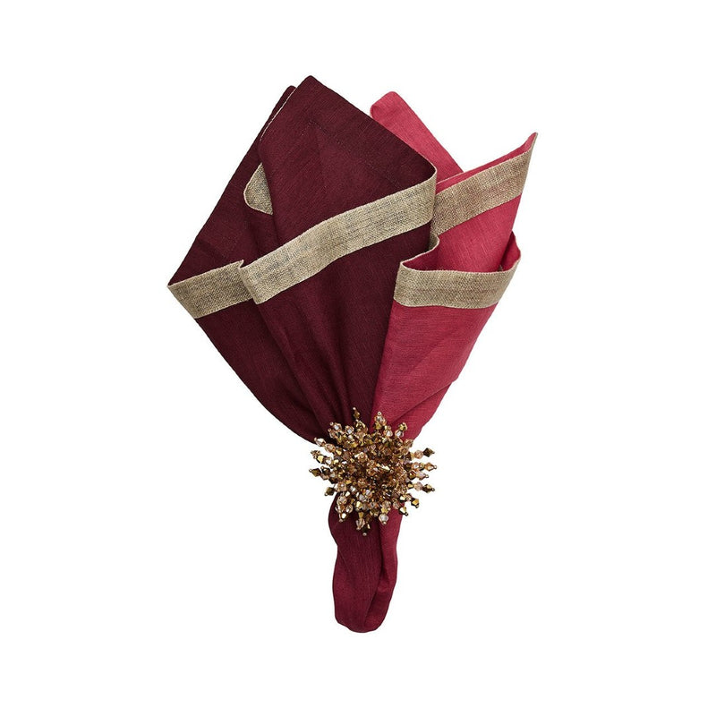 Dip Dye linen napkin in red and plum ombre with metallic foil border styled with shiny napkin ring.