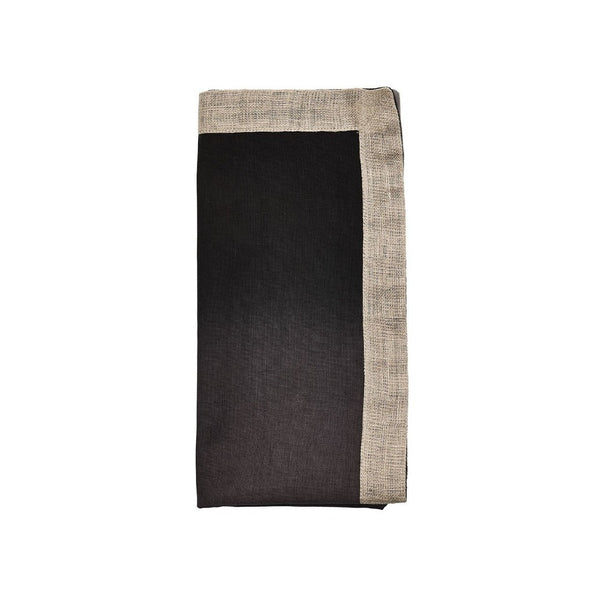Grey and black ombre linen napkin with metallic foil border on white background.