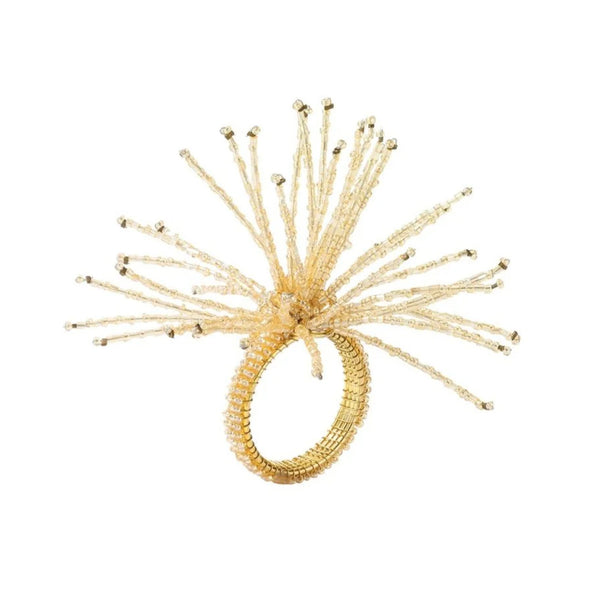 Front view of Spider Bead Burst Napkin Ring in champagne with beaded design by Kim Seybert