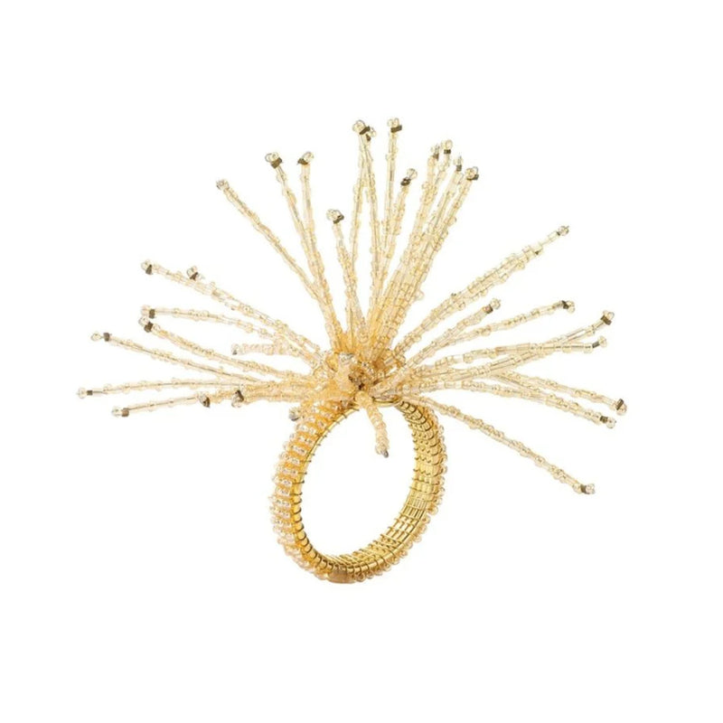 Front view of Spider Bead Burst Napkin Ring in champagne with beaded design by Kim Seybert