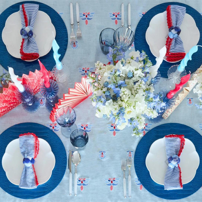 Luxury Sea Stone Napkin Ring in navy with natural stone design on red and blue forth of july tablescape.