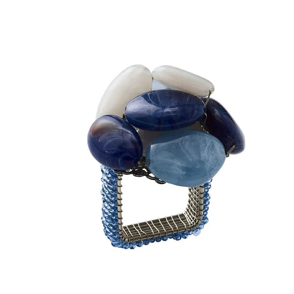 Luxury Sea Stone Napkin Ring in navy with natural stone design by Kim Seybert.