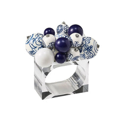 Cloud Napkin Ring with white and blue baubles by Kim Seybert, front view on white background