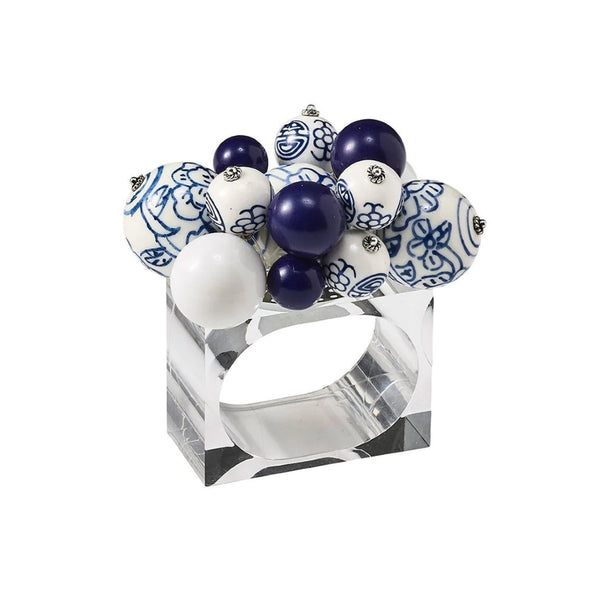 Cloud Napkin Ring with white and blue baubles by Kim Seybert, front view on white background