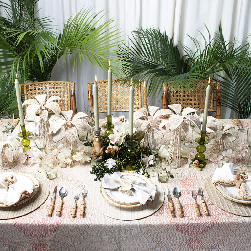 Full view of natural tones table setup featuring Java Napkin Ring by Kim Seybert