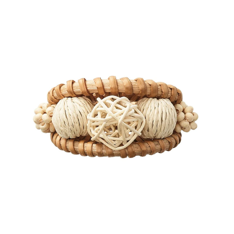 Top view of wood and rattan napkin ring by Kim Seybert, handwoven design