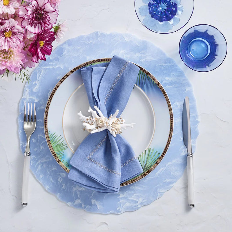 Periwinkle and white elegant table with Coral Spray Napkin Ring by Kim Seybert at Amiramour