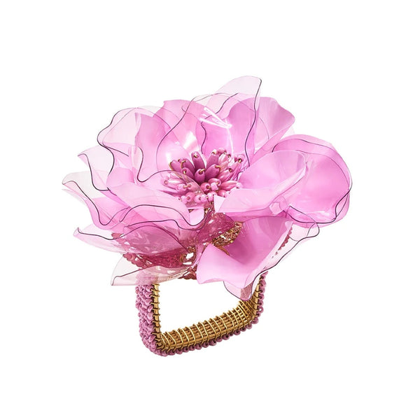 Gardenia Napkin Ring in lilac pink by Kim Seybert on white background, featuring sequin petals and beaded metallic ring