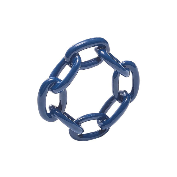 Front view of navy enamel Chain Link Napkin Ring by Kim Seybert on white background