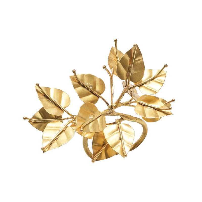 Front view of Bougainvillea Napkin Ring in gold brass by Kim Seybert on white background