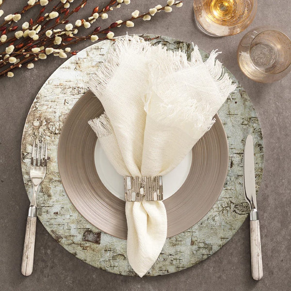 Rustic dining table setup with Matrix napkin ring in silver and pearlescent accents