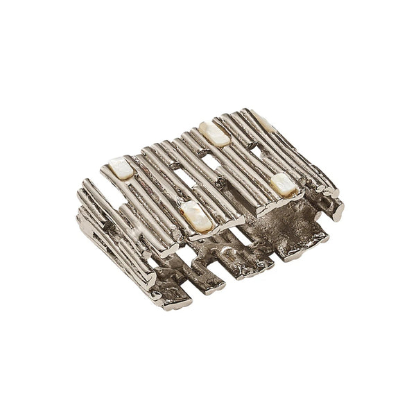 Matrix napkin ring by Kim Seybert, silver brass cuff with mother-of-pearl detailing