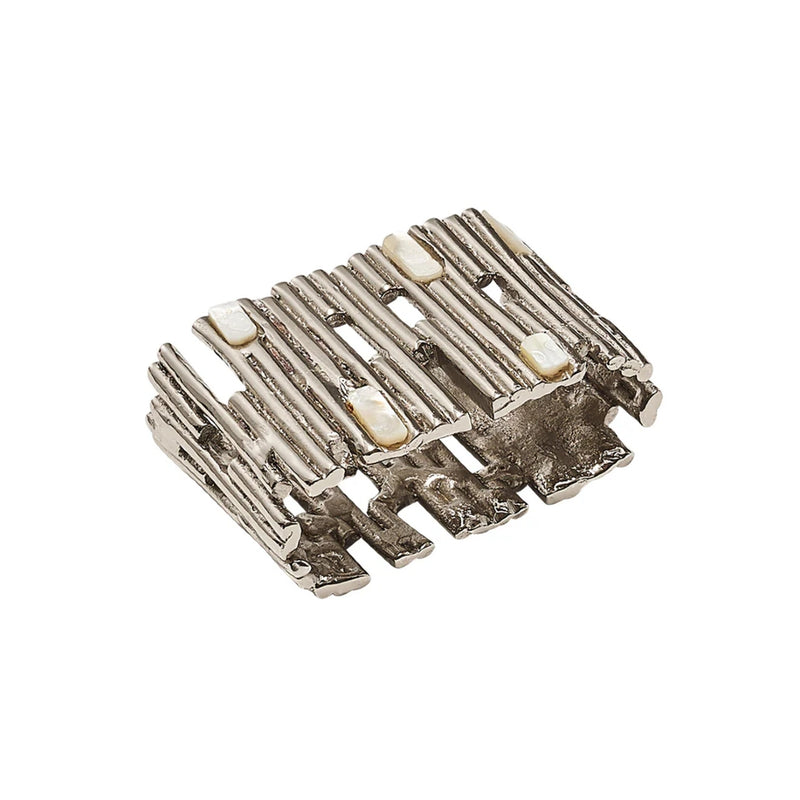 Matrix napkin ring by Kim Seybert, silver brass cuff with mother-of-pearl detailing