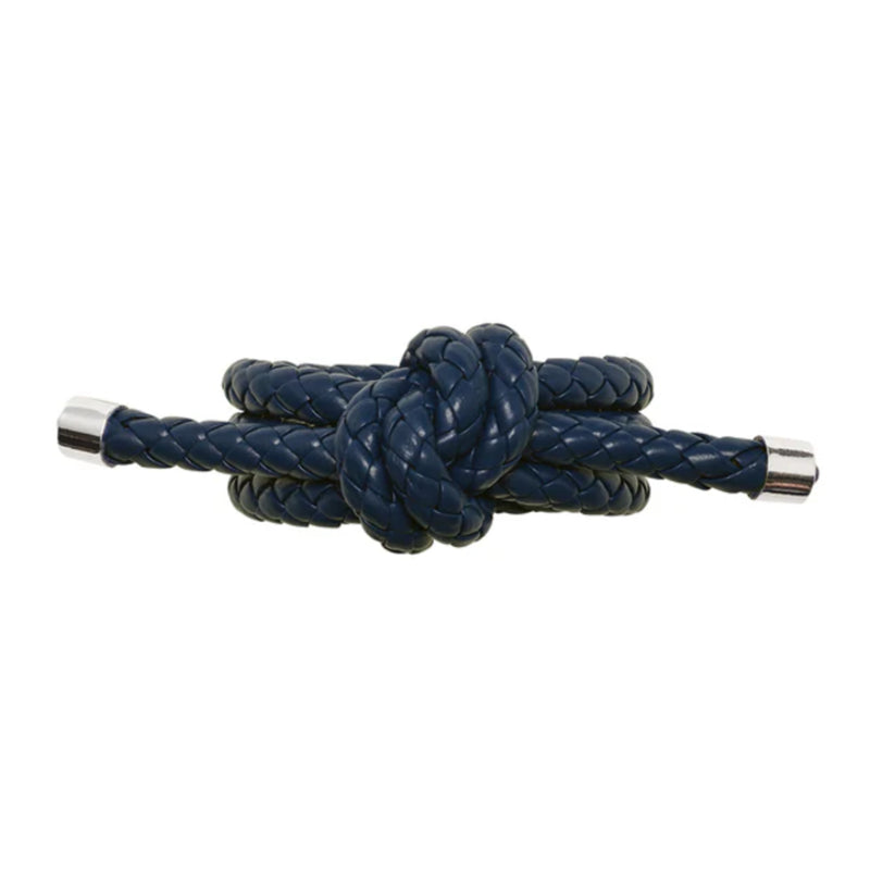 Luxury Rope Knot Napkin Ring in navy with handwoven nautical design, top view.