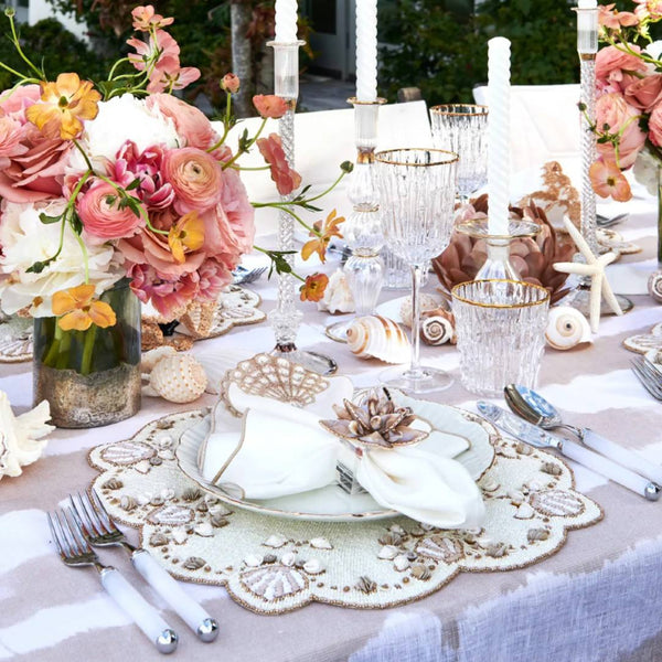 Beachcomber Napkin Rings with natural shell beads by Kim Seybert styled coastal tablescape.