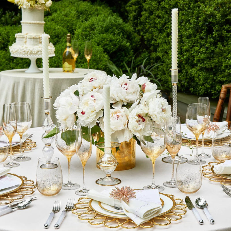White and gold table setting featuring Brilliant blush pink napkin ring, luxury dining décor by Amiramour
