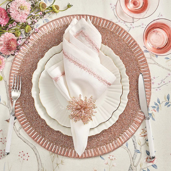 Rose table setting featuring Brilliant blush pink napkin ring, luxury dining décor by Amiramour