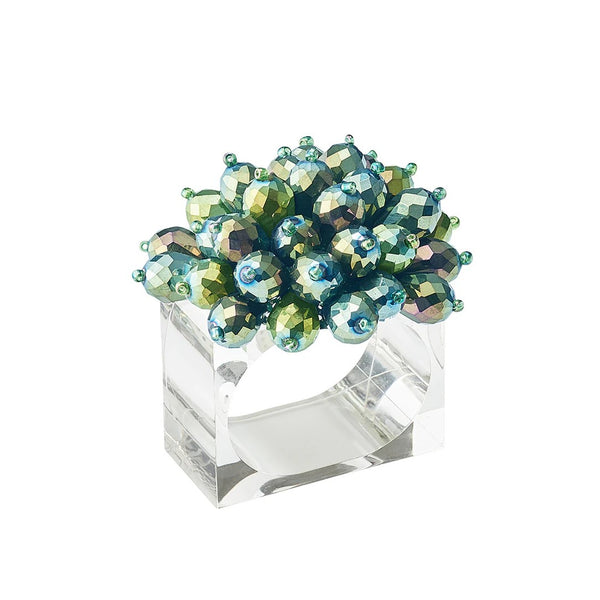 Front view of olive and green Zinnia Napkin Ring by Kim Seybert on white background