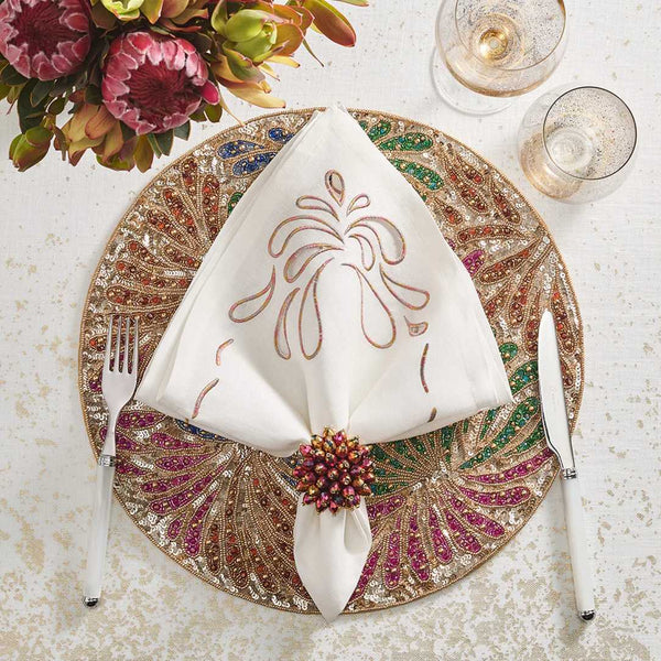 Zinnia Napkin Ring by Kim Seybert styled in a luxurious festive table décor with elegant details in plum and gold