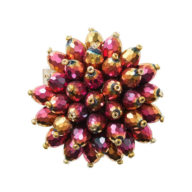 Top view of plum and gold Zinnia Napkin Ring by Kim Seybert showing floral bead arrangement on square acrylic base