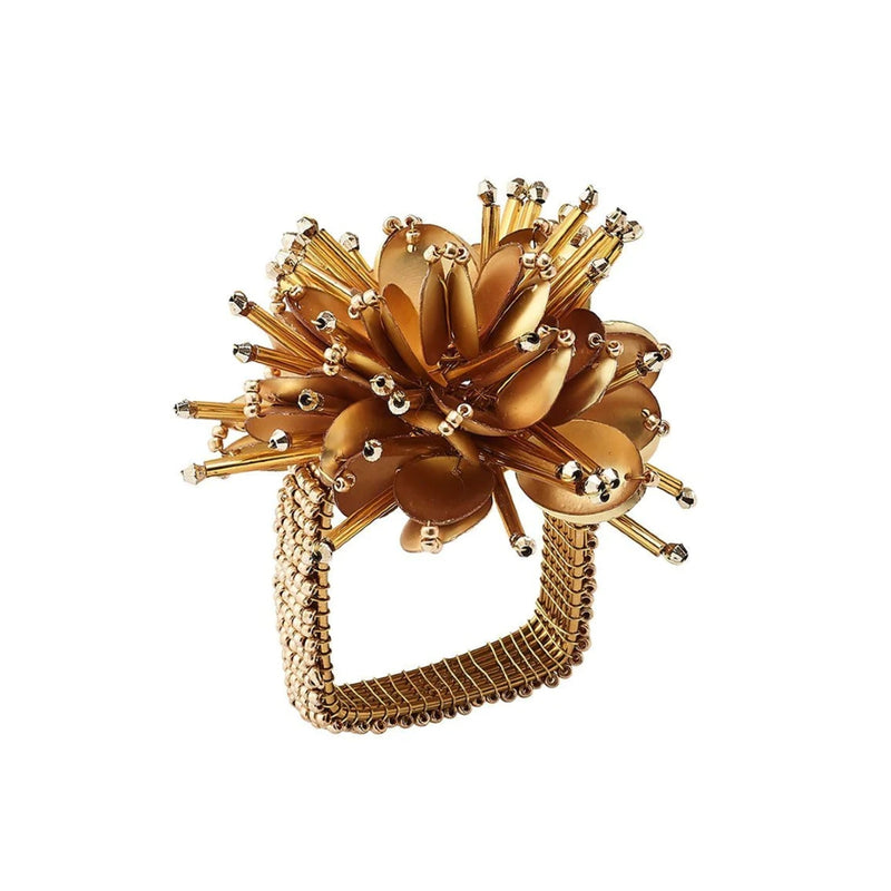 Front view of gold Starburst Napkin Ring with metallic shimmer by Kim Seybert 