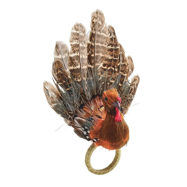 Front view of Gobble Napkin Ring with natural feathers in fall colors by Kim Seybert