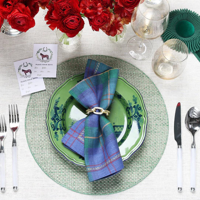 Blue-green tablescape with Chain Link Napkin Ring adding golden elegance