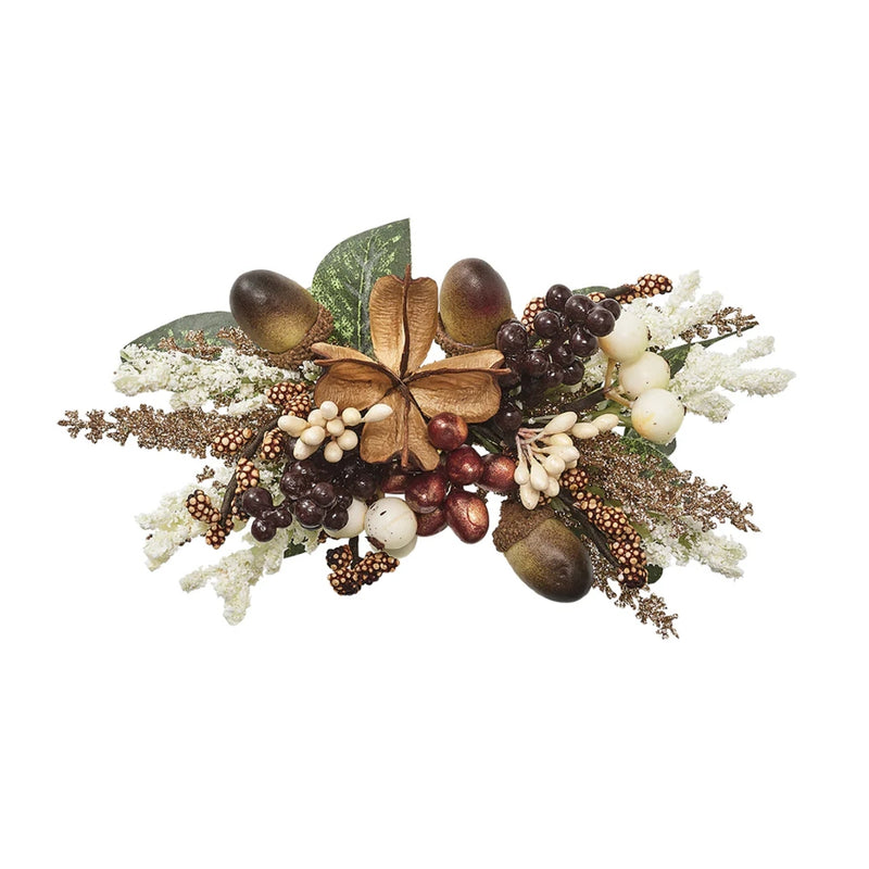 Close-up of Kim Seybert Wildwood napkin ring showing multicolored leaves and berries and intricate texture.