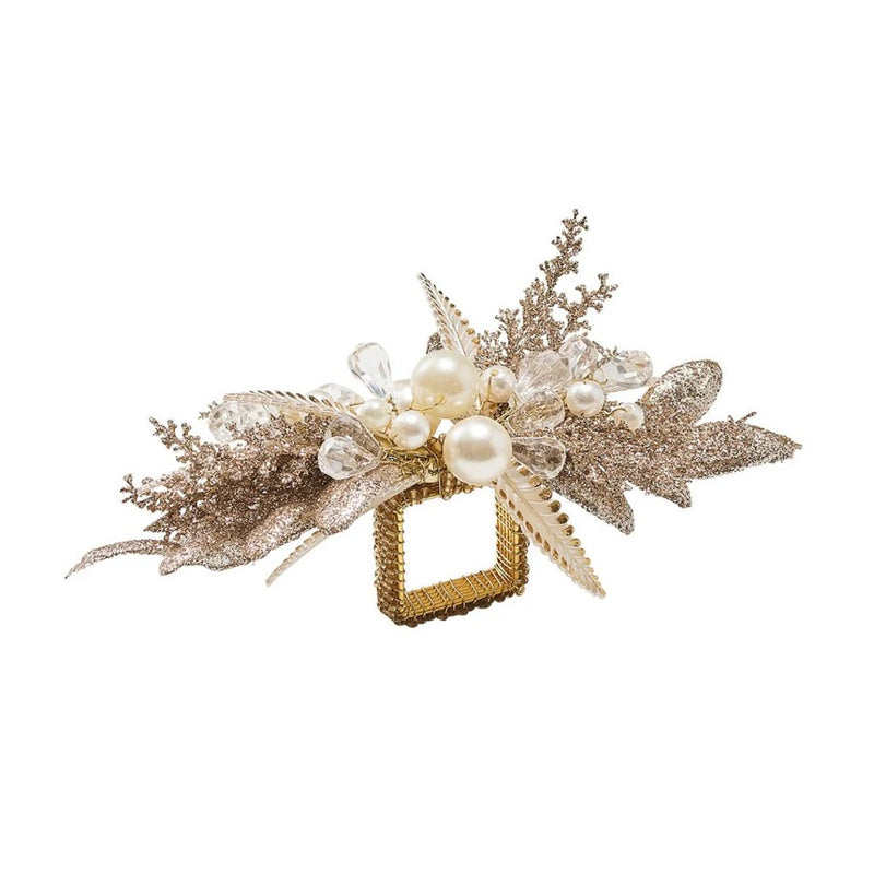 Front view of Gilded Spray Napkin Ring in gold and silver with beaded pearls and baubles by Kim Seybert