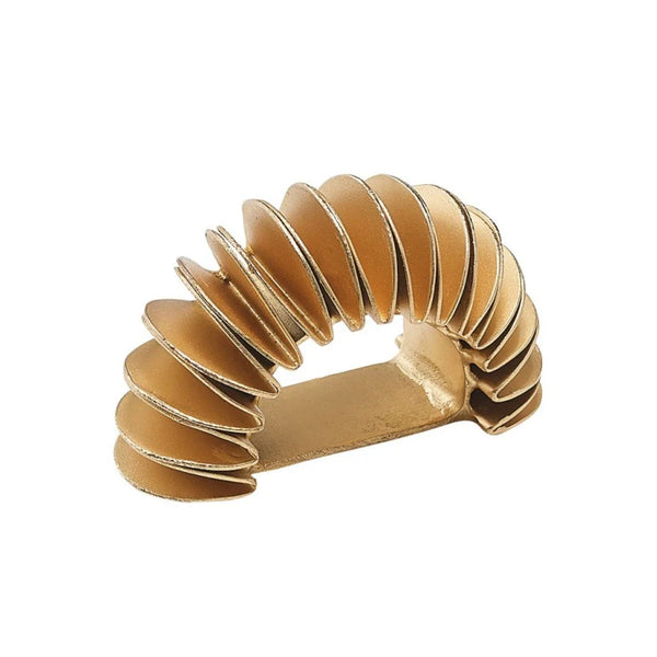 Front view of Demilune Napkin Ring in gold with silver-toned folded metal discs by Kim Seybert