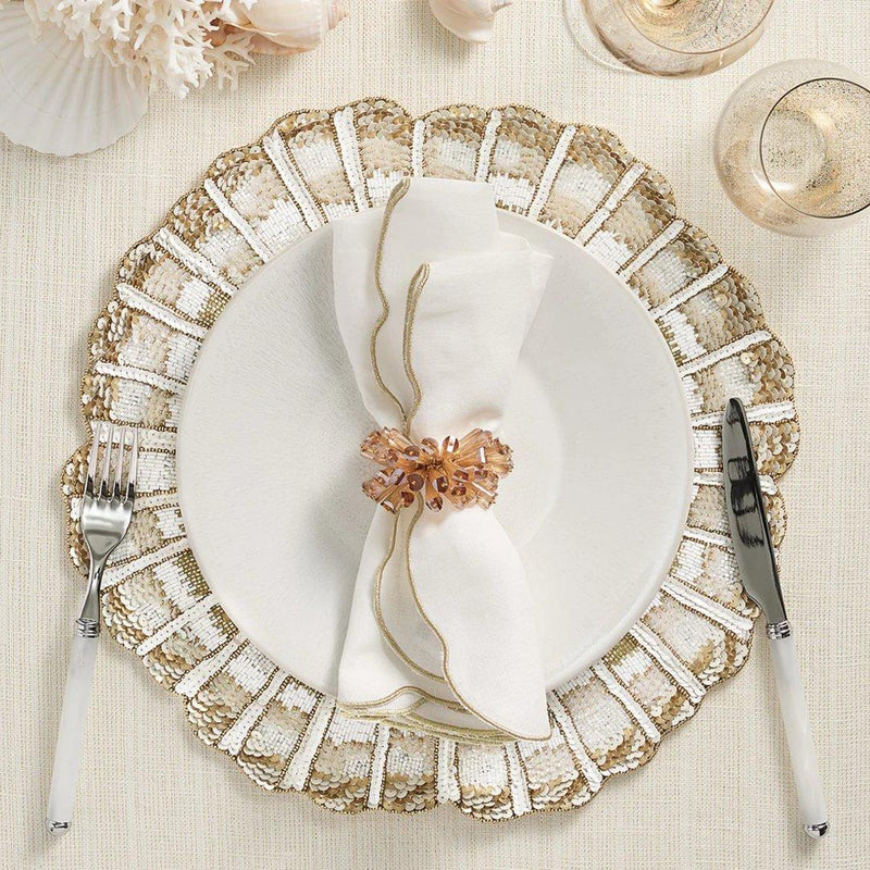 White, silver, and gold luxurious table with Dazzle Napkin Ring by Kim Seybert