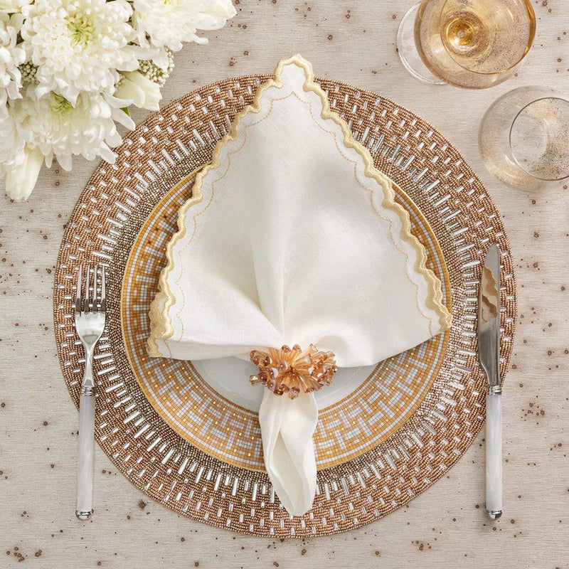 Nude-tone elegant table setting featuring Dazzle Napkin Ring in champagne by Kim Seybert