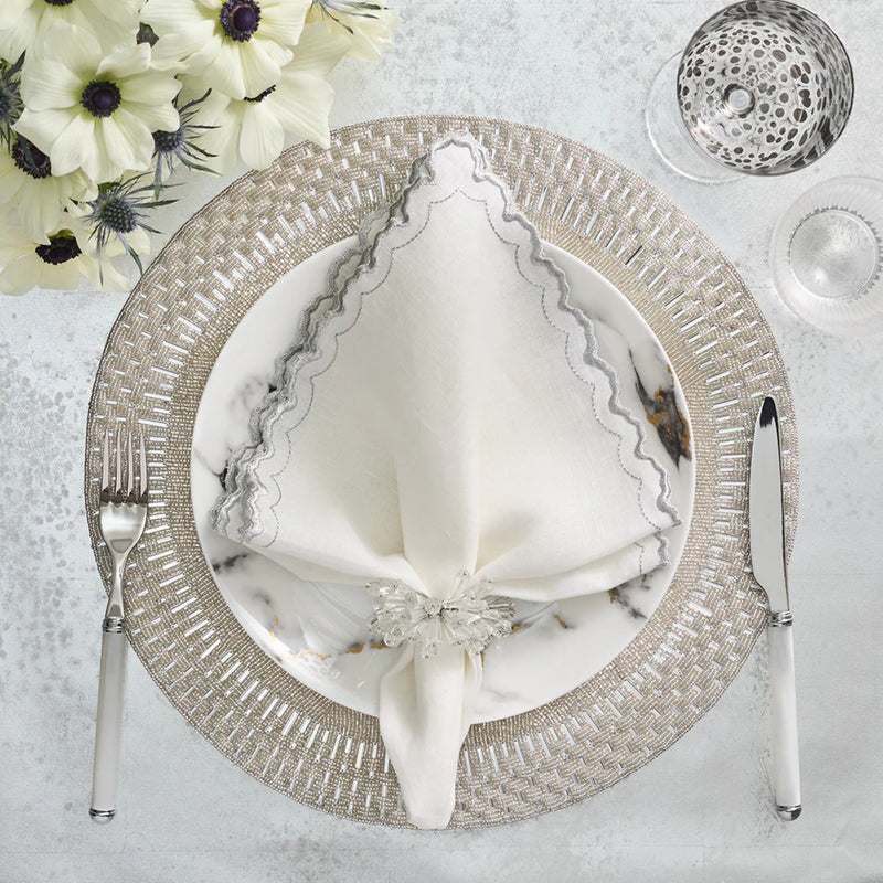 Elegant neutral table décor featuring Dazzle Napkin Ring in crystal by Kim Seybert