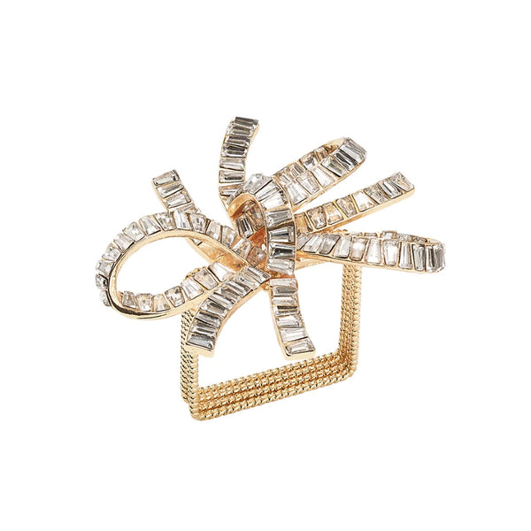 Front view of gold Jeweled Bow Napkin Ring with rhinestones by Kim Seybert