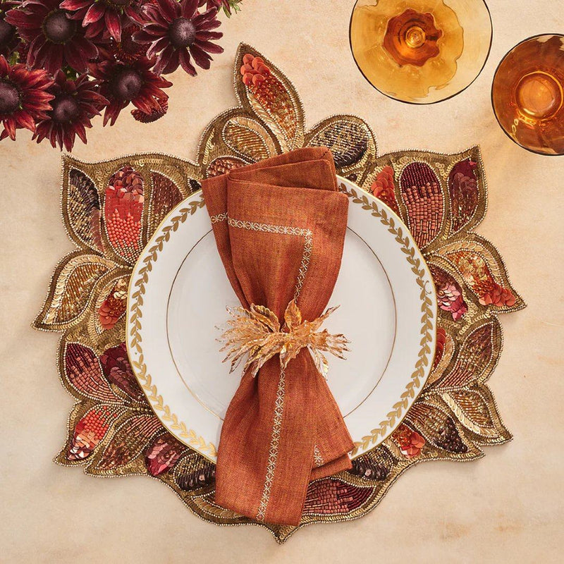 Autumn table setting with gold Gilded Leaves Napkin Ring by Kim Seybert