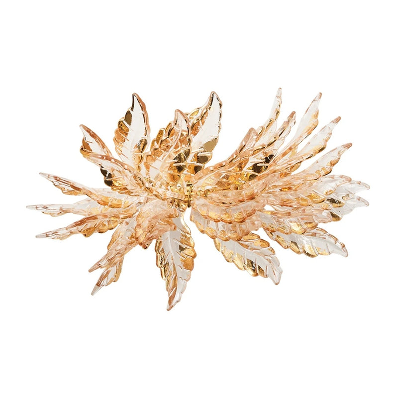 Top view of gold leaf-shaped beaded Gilded Leaves Napkin Ring by Kim Seybert