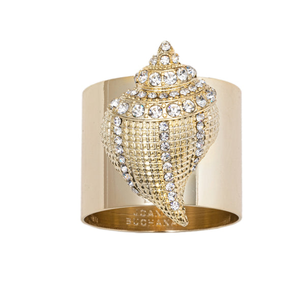 Front view of Sparkle Shell Napkin Ring in shiny gold with crystal details by Joanna Buchanan
