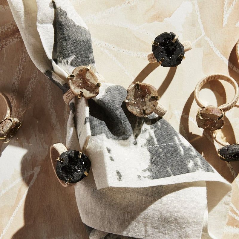 Natural Druzy Napkin Ring styled with matching napkin rings in assorted colors from the Joanna Buchanan collection