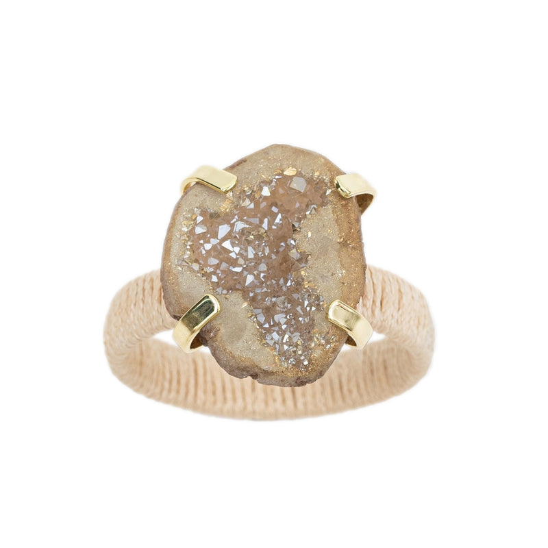 Front view of Rustic Druzy Stone Napkin Ring in natural raffia with real stone by Joanna Buchanan