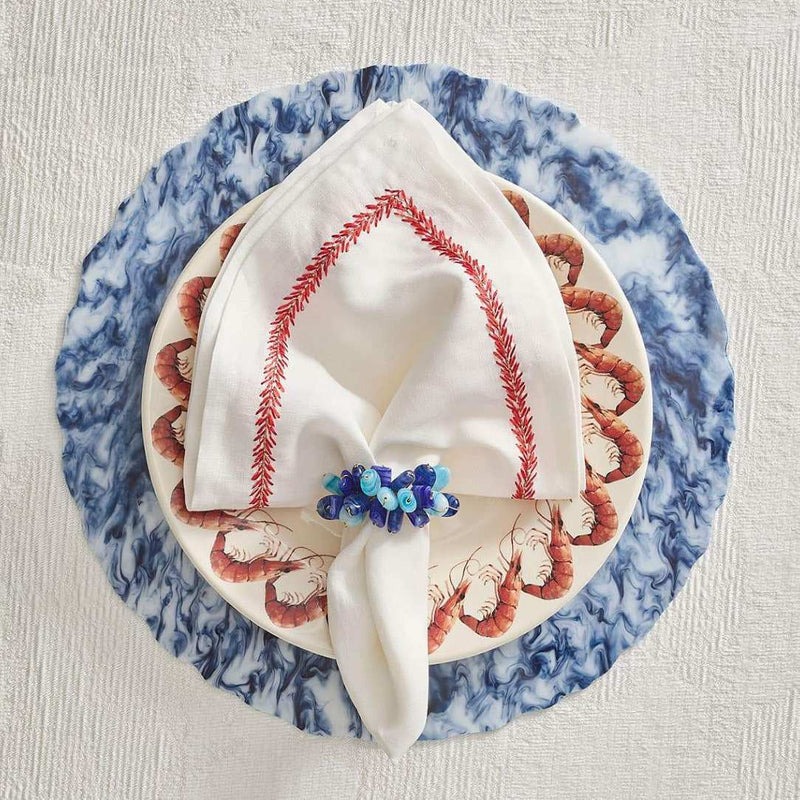 Coastal marine style table with blue, red, and white accents, shrimp motif, and Poppy Napkin Rings