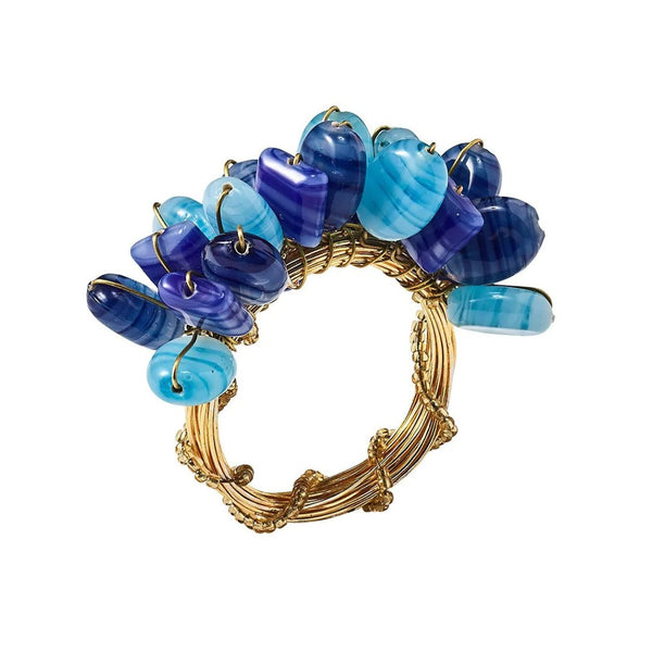 Front view of Poppy Napkin Ring in iridescent aquatic blue glass beads by Kim Seybert