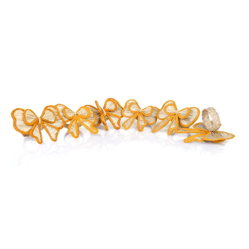 Set of 6 Yellow Bows napkin rings by Roseberry Home, woven from raffia, in yellow and beige tones