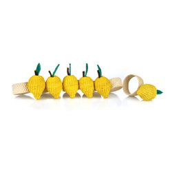 Set of 6 Lemon Rings napkin rings by Roseberry Home, woven in lemon shape from raffia, on white background