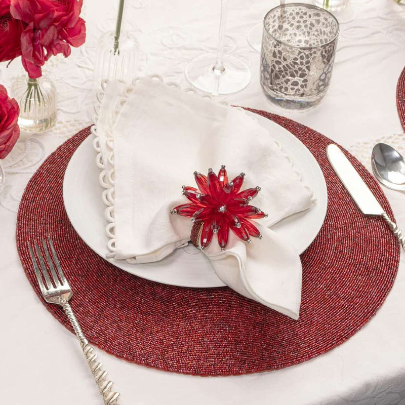 Luxury red placemat with metallic microbeads with red sparkle napkin ring.
