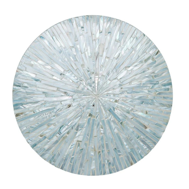Tropical Caribbean table setting with Kim Seybert mother-of-pearl placemat in periwinkle blue