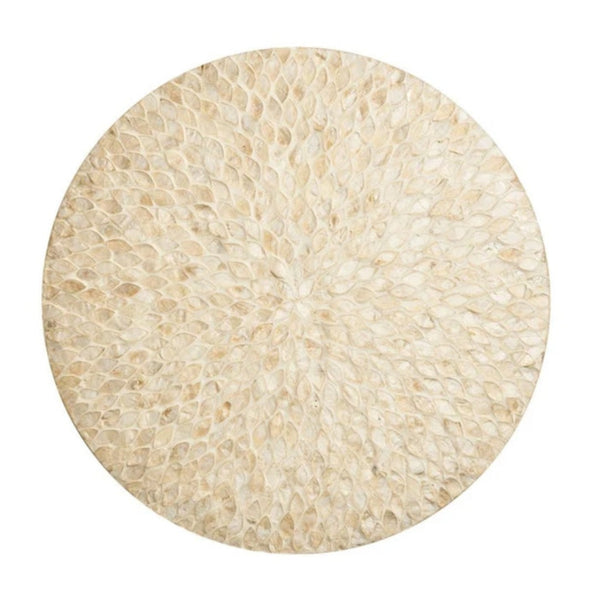 Champagne gold round placemat with hand-cut capiz shells by Kim Seybert.