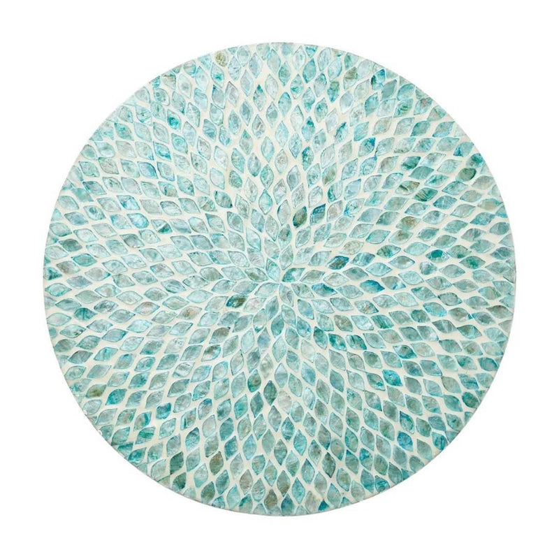Seafoam blue placemat with radiant inlaid capiz shells by Kim Seybert.