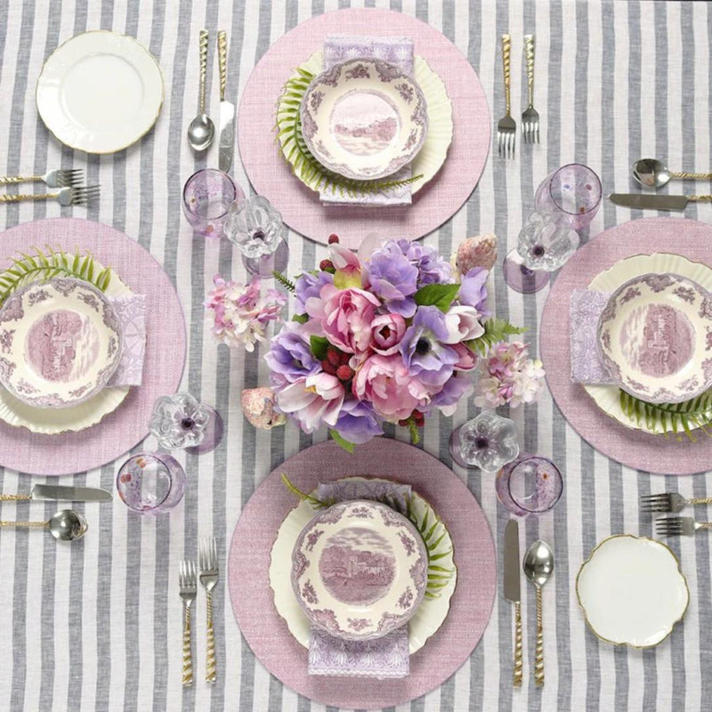Lilac woven Portofino placemat with raffia-like texture on coastal tablescape.